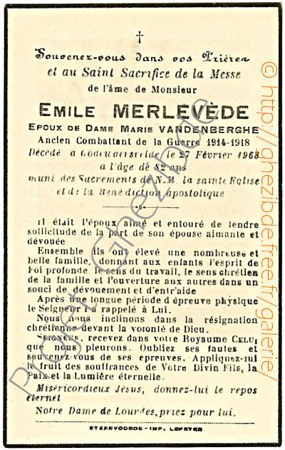 Emile Merlevede époux de Marie Vandenberghe, décédé à Godewaersvelde, le 27 Février 1968 (82 ans).